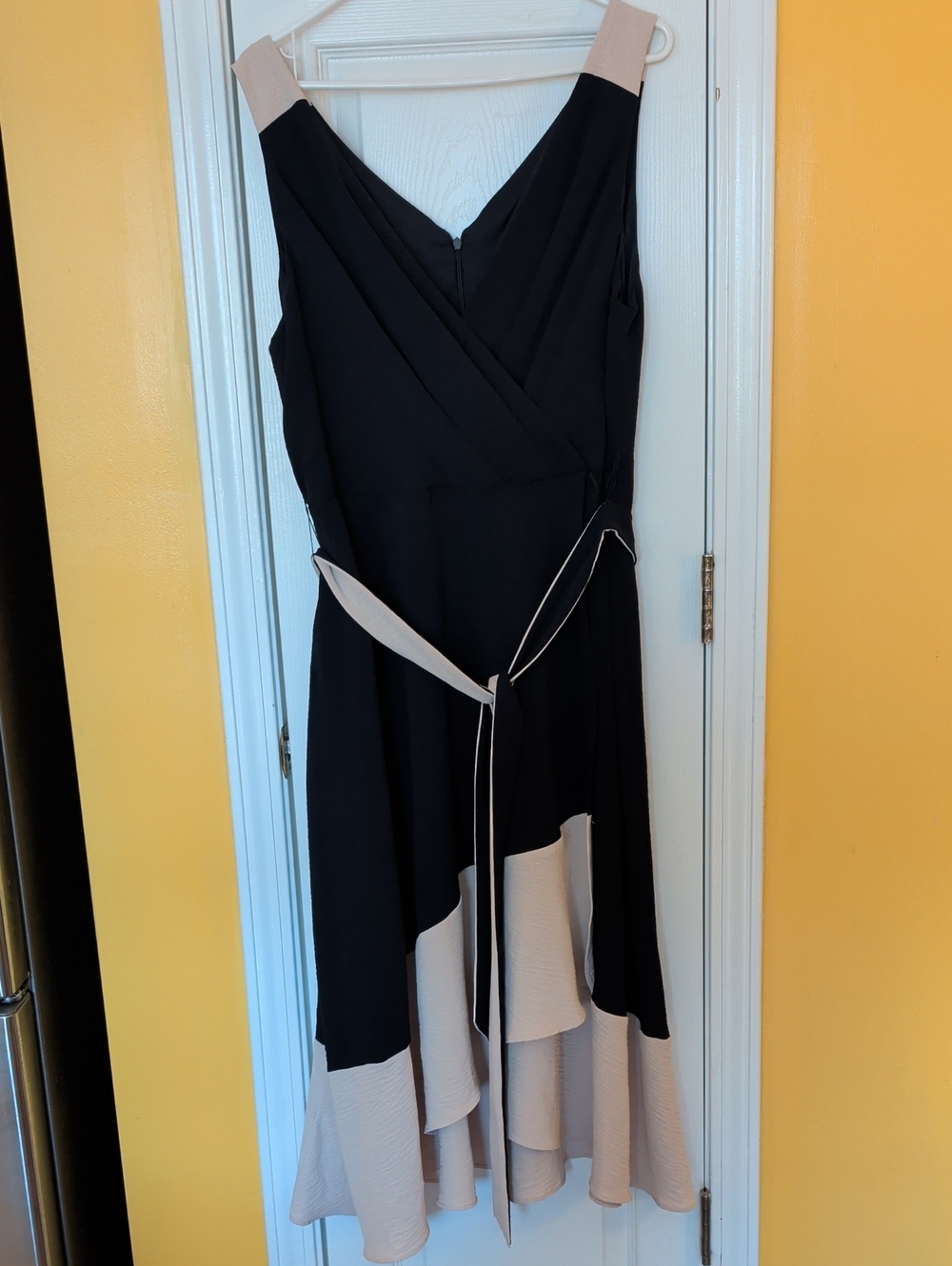 Harper Black and Beige Sleeveless High-Low Midi Dress